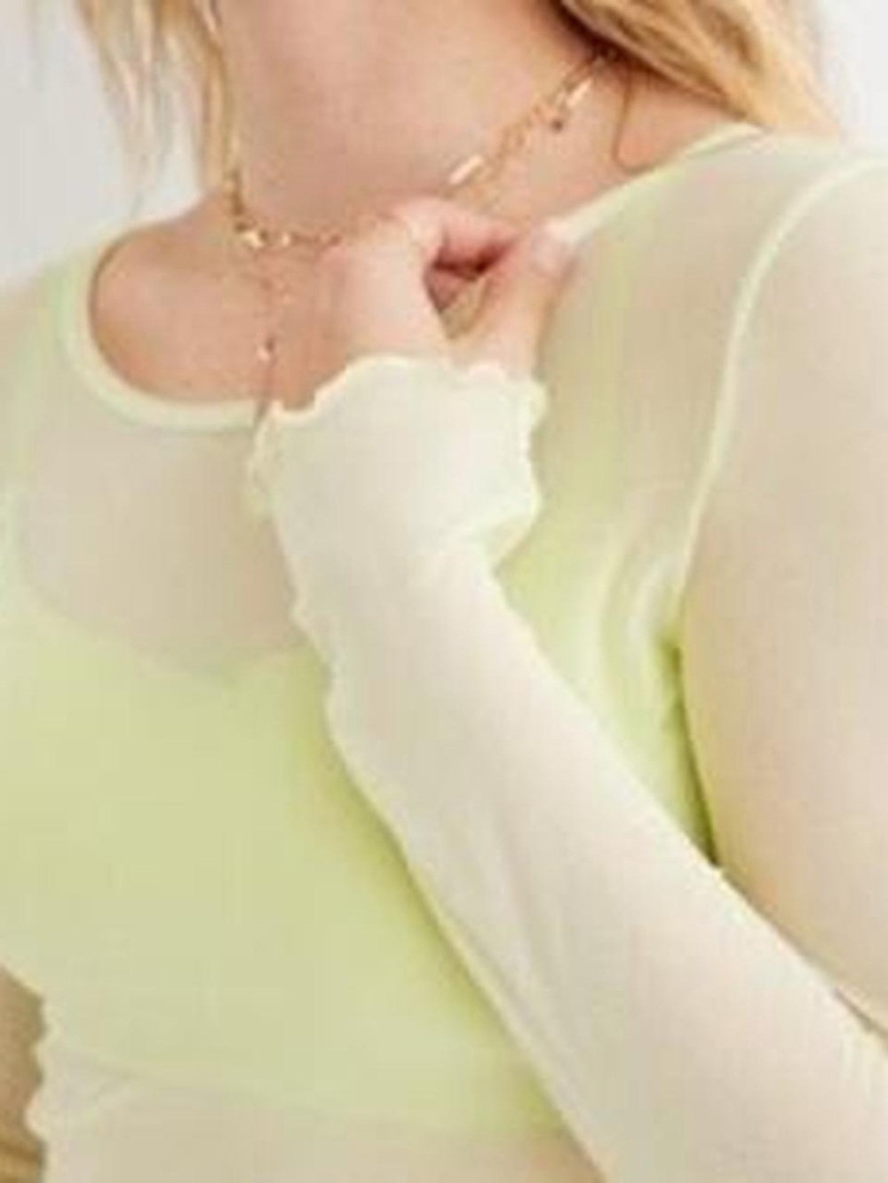 aerie Sheer Long Sleeve Crop Top in Light Lime and Cream
